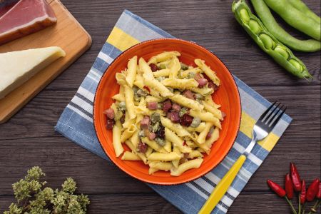 Garganelli with fava beans and speck