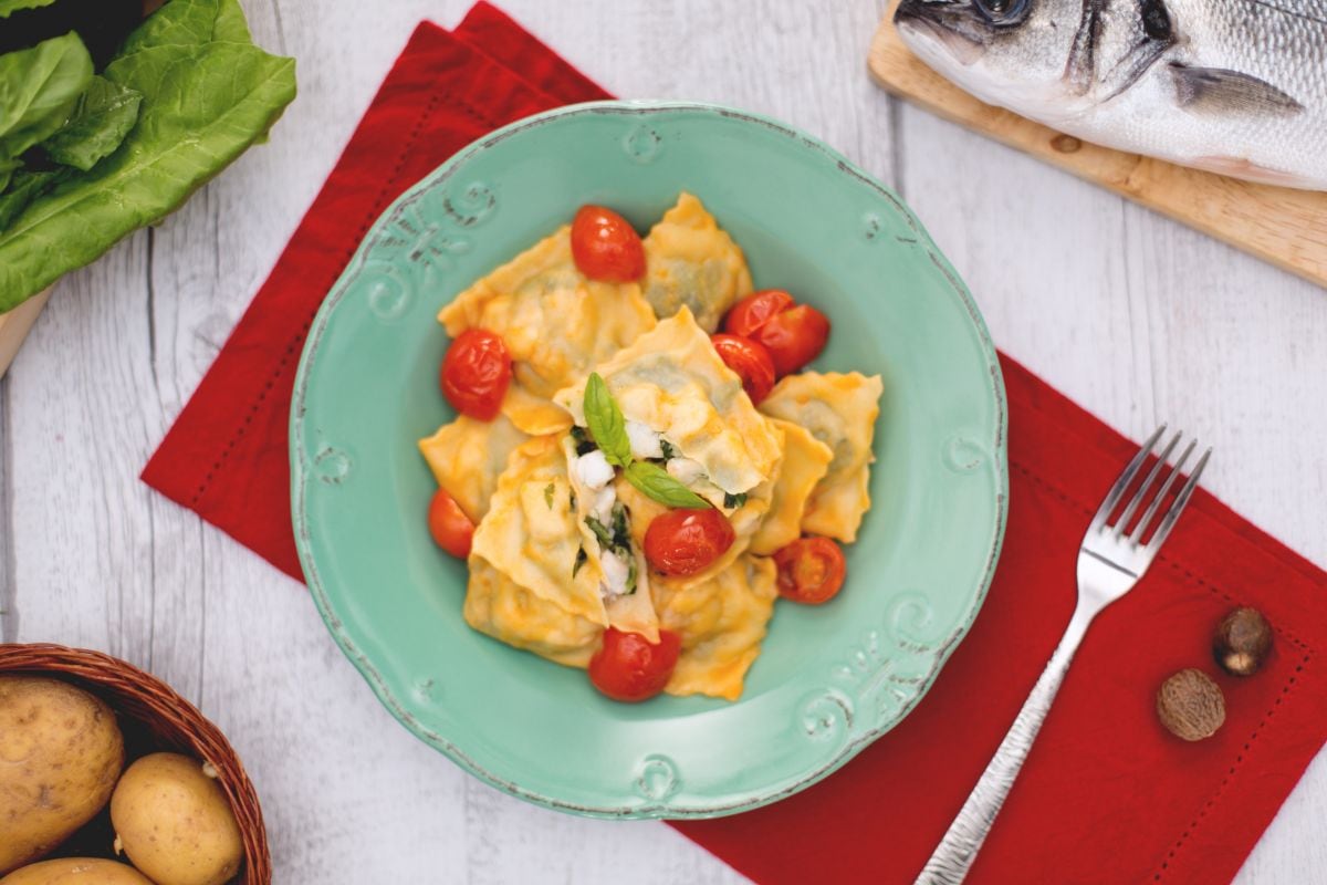 Fish ravioli with cherry tomatoes