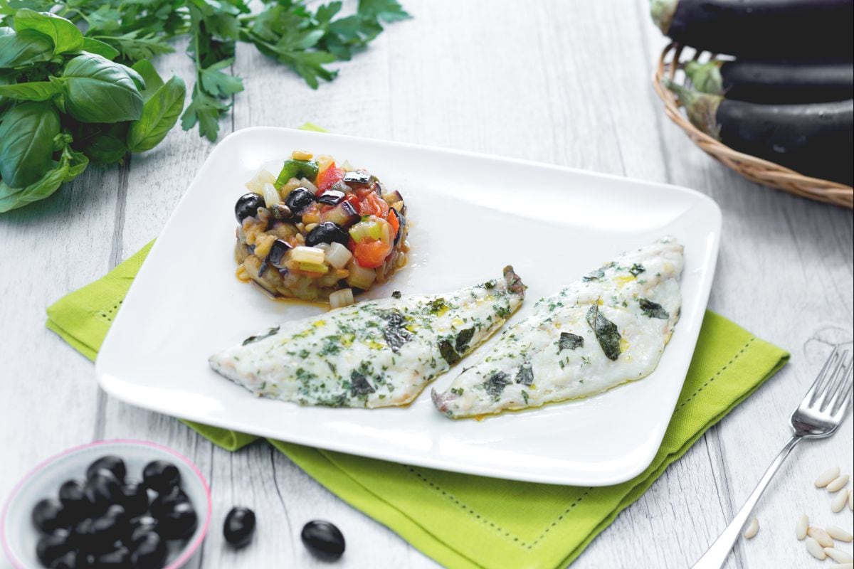 Sea bream with herbs and caponata