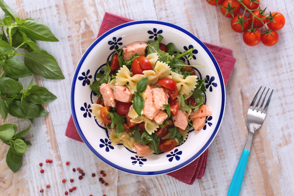 Farfalle with salmon, arugula, and cherry tomatoes