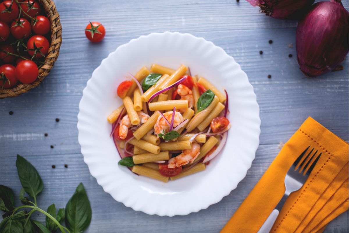 Sedani rigati with Catalan-style shrimp