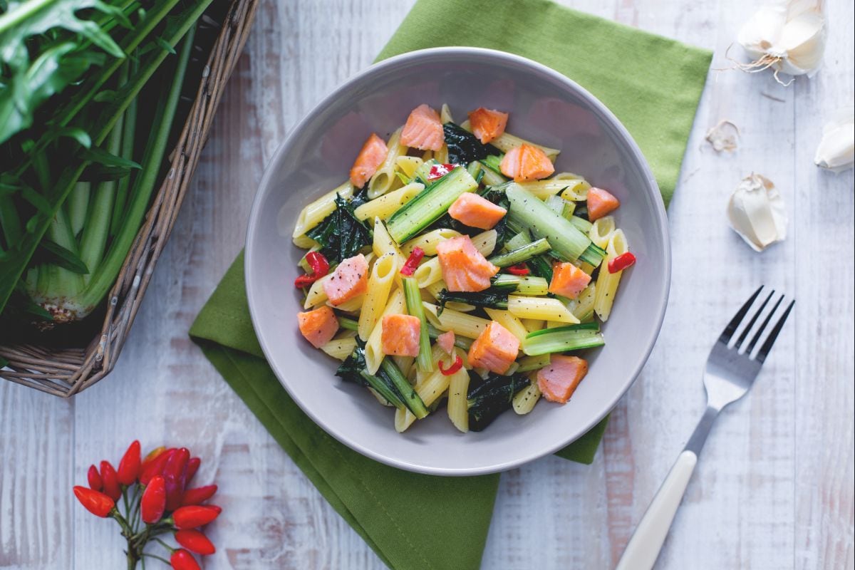 Penne with smoked salmon and blanched chicory