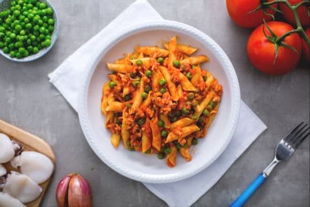 Garganelli with cuttlefish and pea ragout