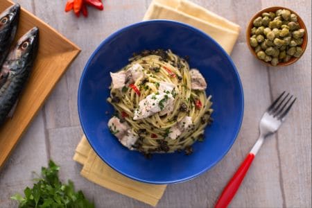 Pasta with tapenade and mackerel