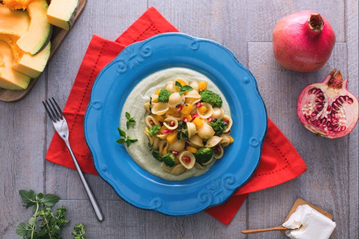 Orecchiette with broccoli cream, pumpkin, and pomegranate