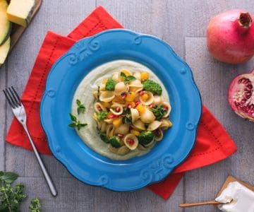 Orecchiette with broccoli cream, pumpkin, and pomegranate