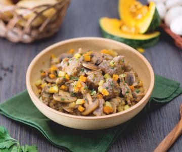 Veal stew with pumpkin, potatoes and mushrooms