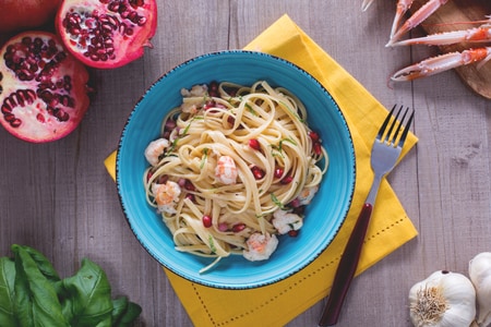 Bavette with scampi and pomegranate