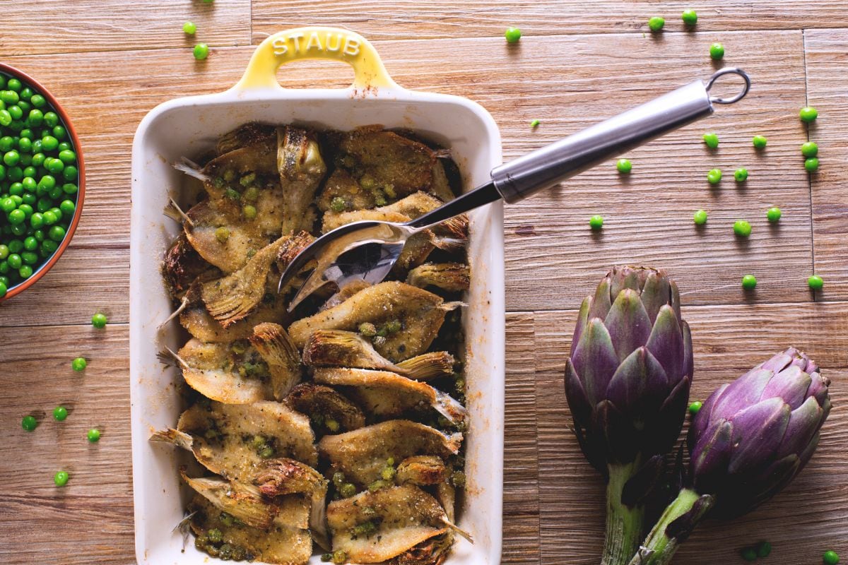 Baked Scad with Artichokes and Peas