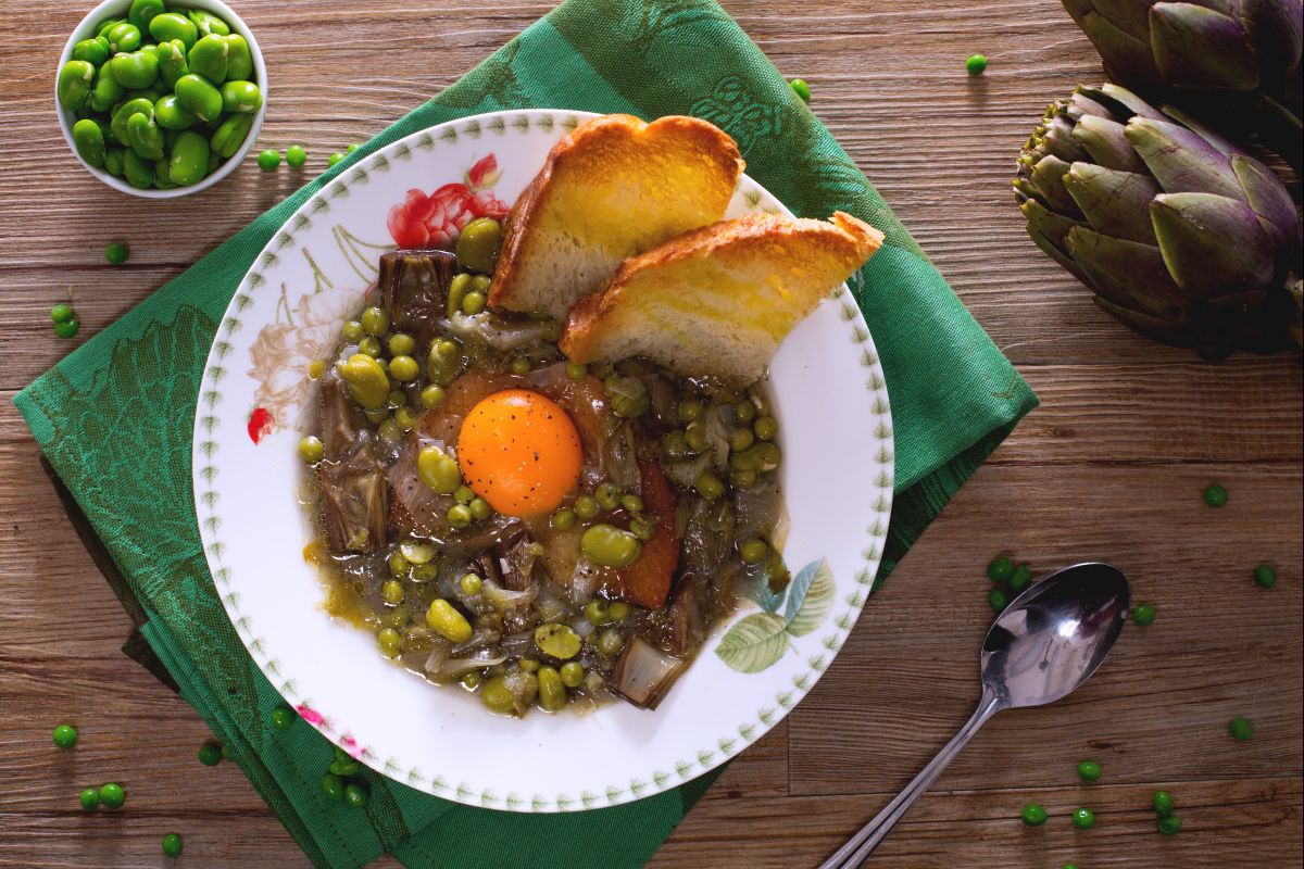 Broad bean, pea, and artichoke soup