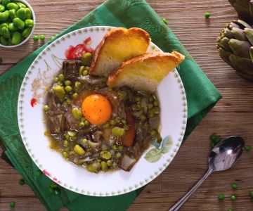 Broad bean, pea, and artichoke soup