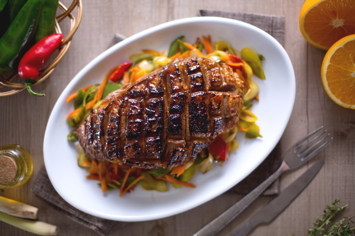 Marinated duck breast with vegetables