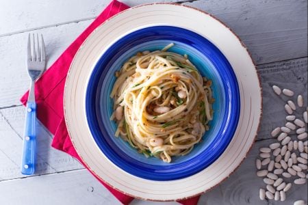 Bavette with cannellini cream, arugula, and breadcrumbs