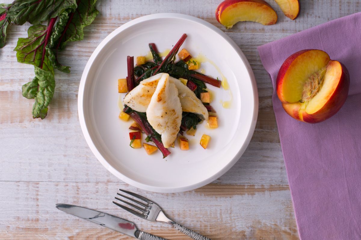 John Dory with peaches and chard