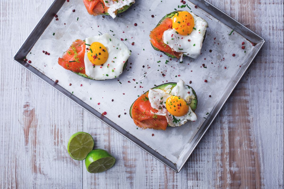 Avocado, eggs, and salmon