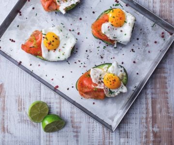 Avocado, eggs, and salmon