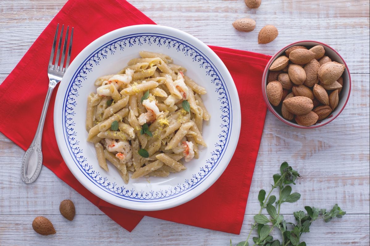 Penne with almond pesto and shrimp
