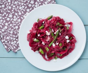 Beetroot tagliatelle with asparagus