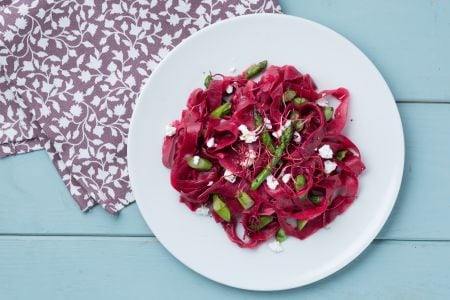 Beetroot tagliatelle with asparagus