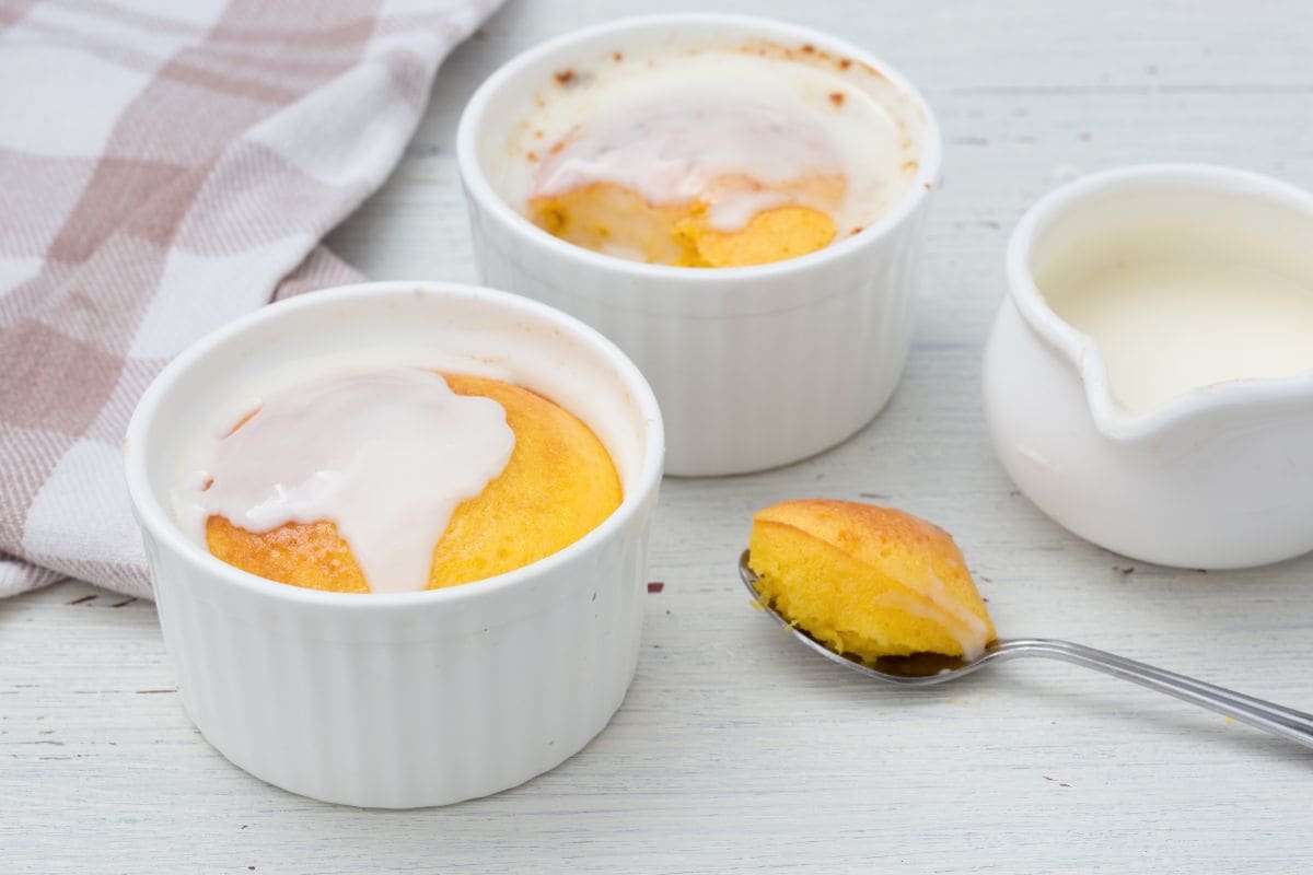 Ricotta lemon soufflé with lemon and cinnamon sauce