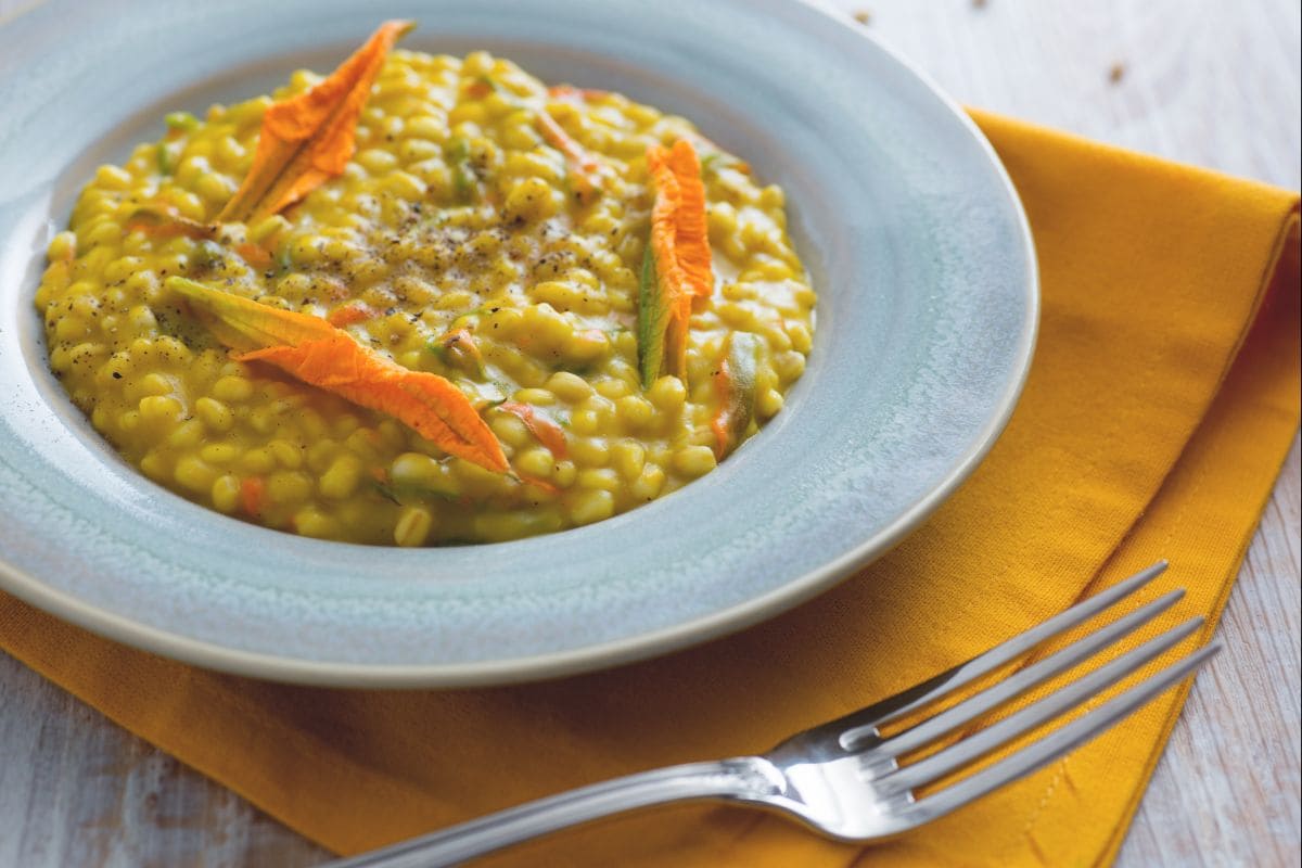 Barley risotto with zucchini flower cream