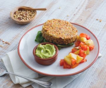Cereal and Red Rice Burger with Avocado Hummus