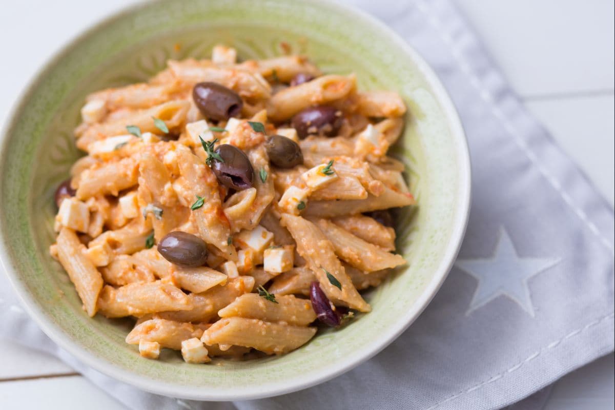 Pasta with almond pesto and confit cherry tomatoes