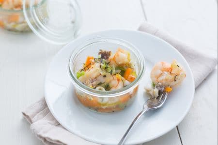 Seafood salad in jar cooking