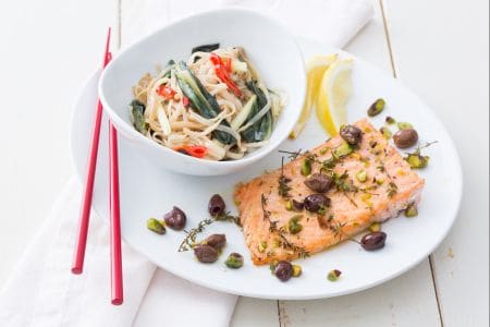 Crispy salmon with noodle salad