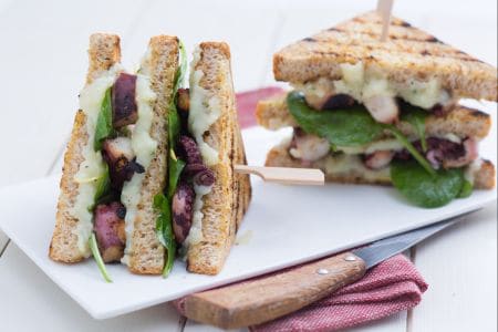 Club sandwich with octopus and potatoes