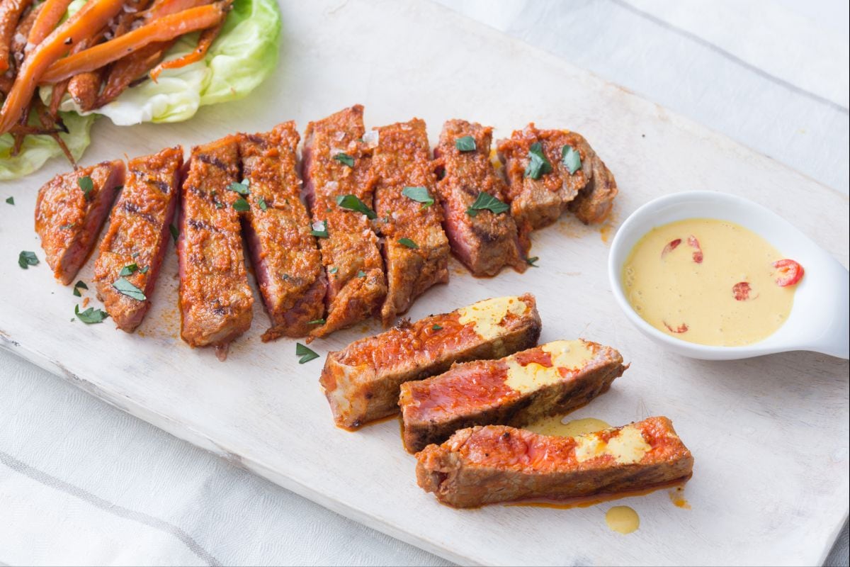 Beef steak with two curries