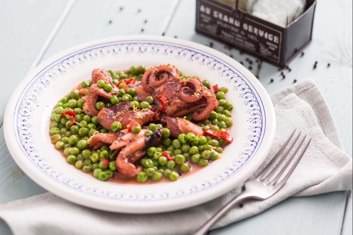 Baby octopus with peas