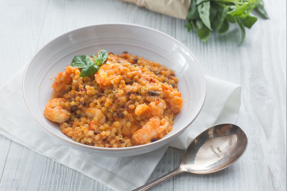 Fregola with scampi and prawns