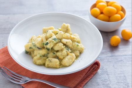 Chickpea Flour Gnocchi with Snow Peas and Yellow Cherry Tomatoes