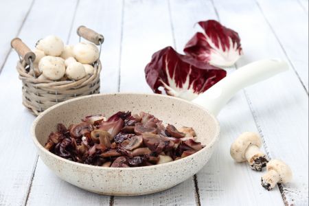 Mushrooms and Radicchio in a Pan