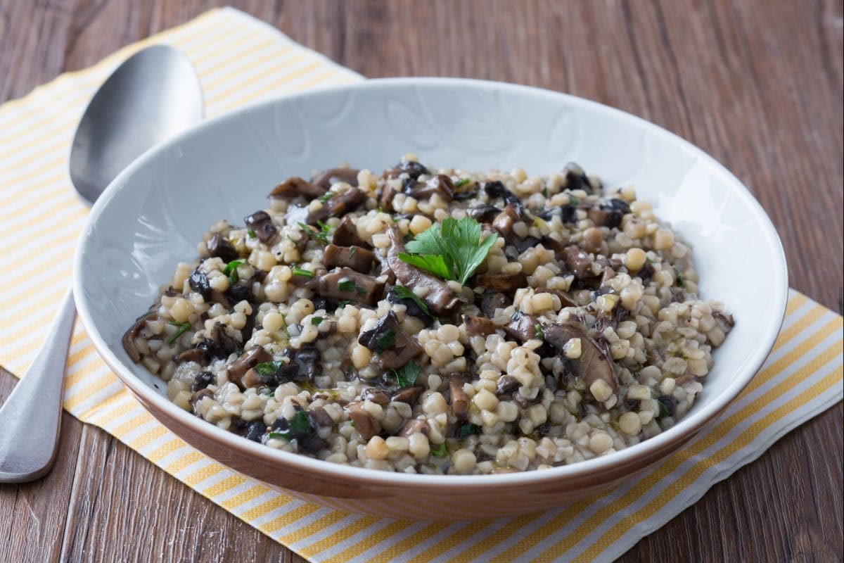 Fregola with portobello mushrooms