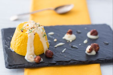 Mini pumpkin bavarois with parmesan sauce
