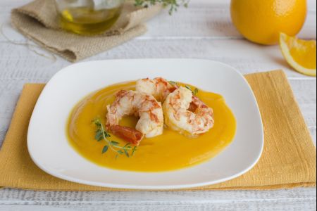 Shrimps with Orange on Pumpkin Cream