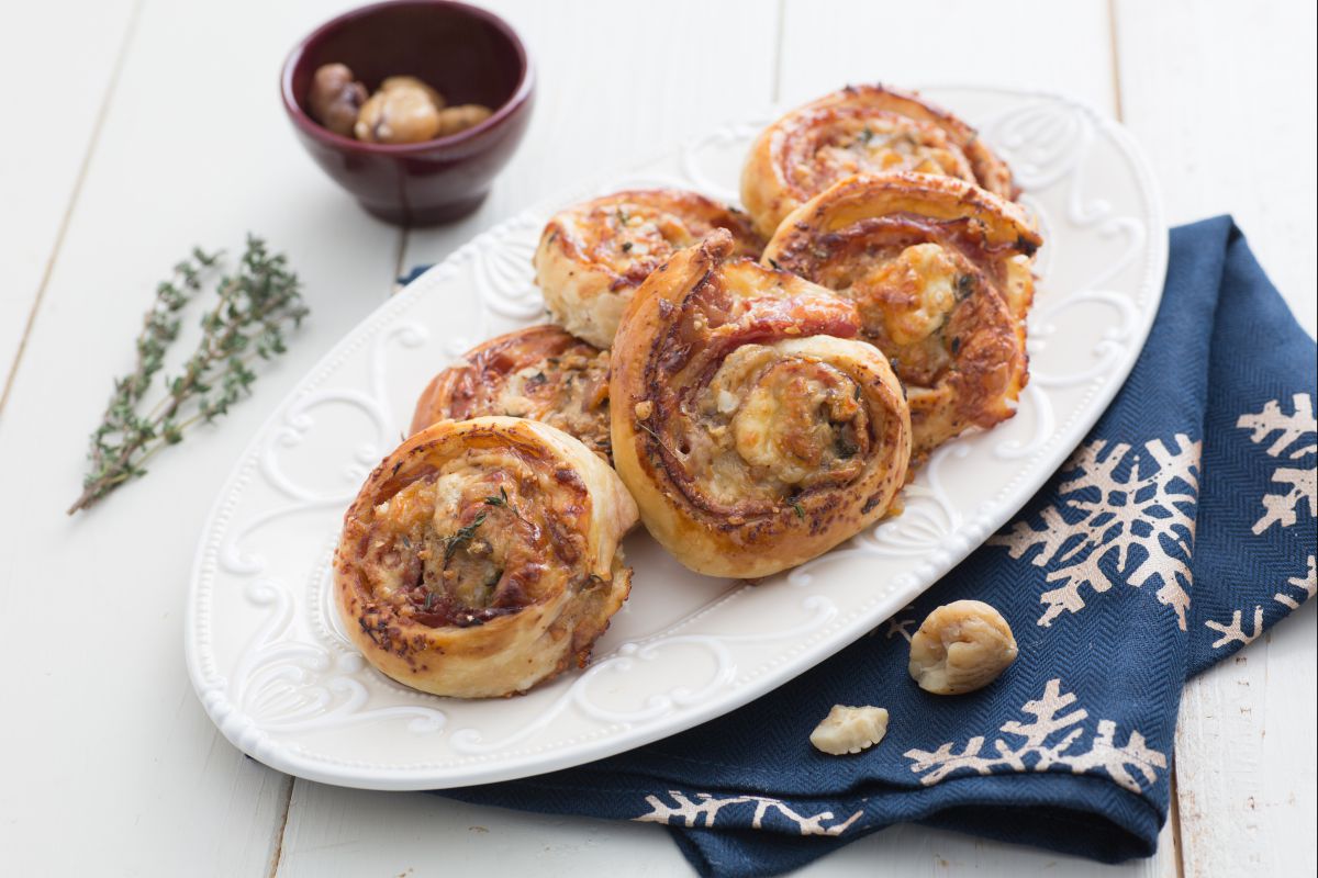 Savory puff pastry rolls with pomegranate