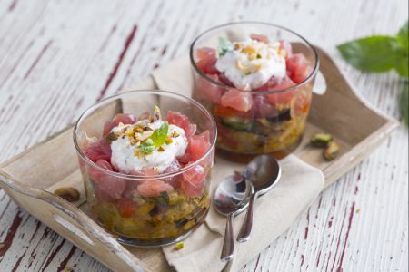 Caponata cups with tuna and tzatziki