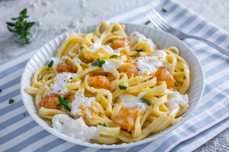 Lemon Scialatielli with Buffalo Mozzarella and Prawns