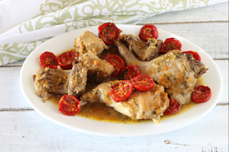 Rabbit with beer and confit cherry tomatoes