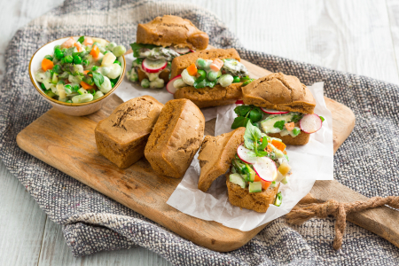 Beer buns with spring Russian salad