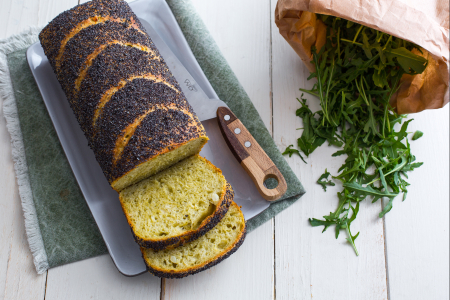 Savory brioche bread with arugula and potatoes