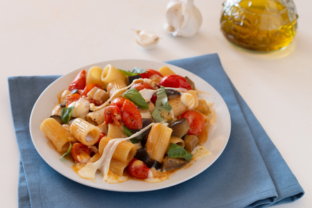 Mezze maniche with eggplants and smoked scamorza