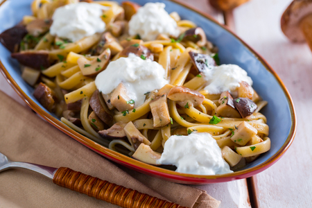 Fettuccine with mushrooms and burrata