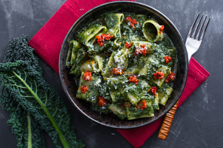 Calamarata with black cabbage and 'nduja