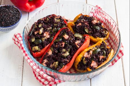 Stuffed Peppers with Black Rice, Salmon, and Zucchini