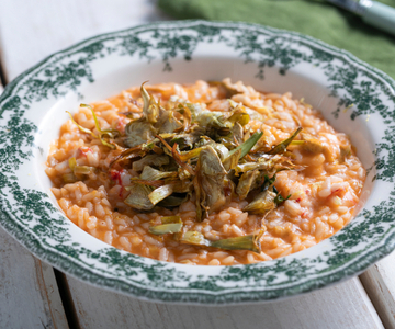 Risotto with shrimp, quick bisque, and fried artichokes