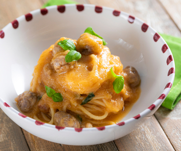 Spaghetti with Sausage Meatballs and Yellow Tomato Sauce